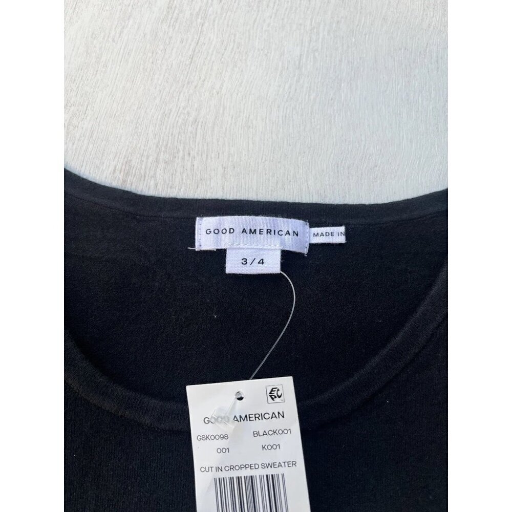 Good American Black Knit Cut In Cropped Pullover Sweater Size 3/4 - Picture 3 of 9